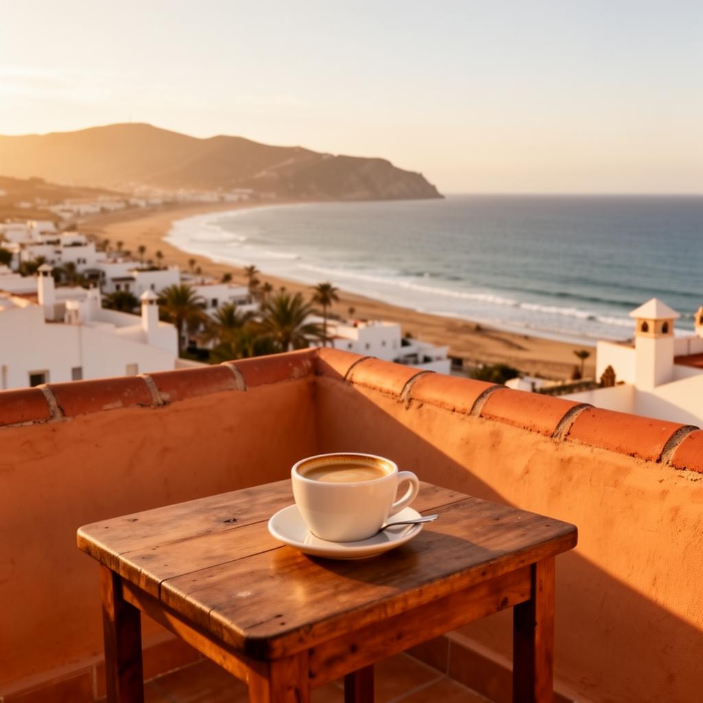 Morning coffee on a sun-drenched terrace overlooking Tarifa coastline